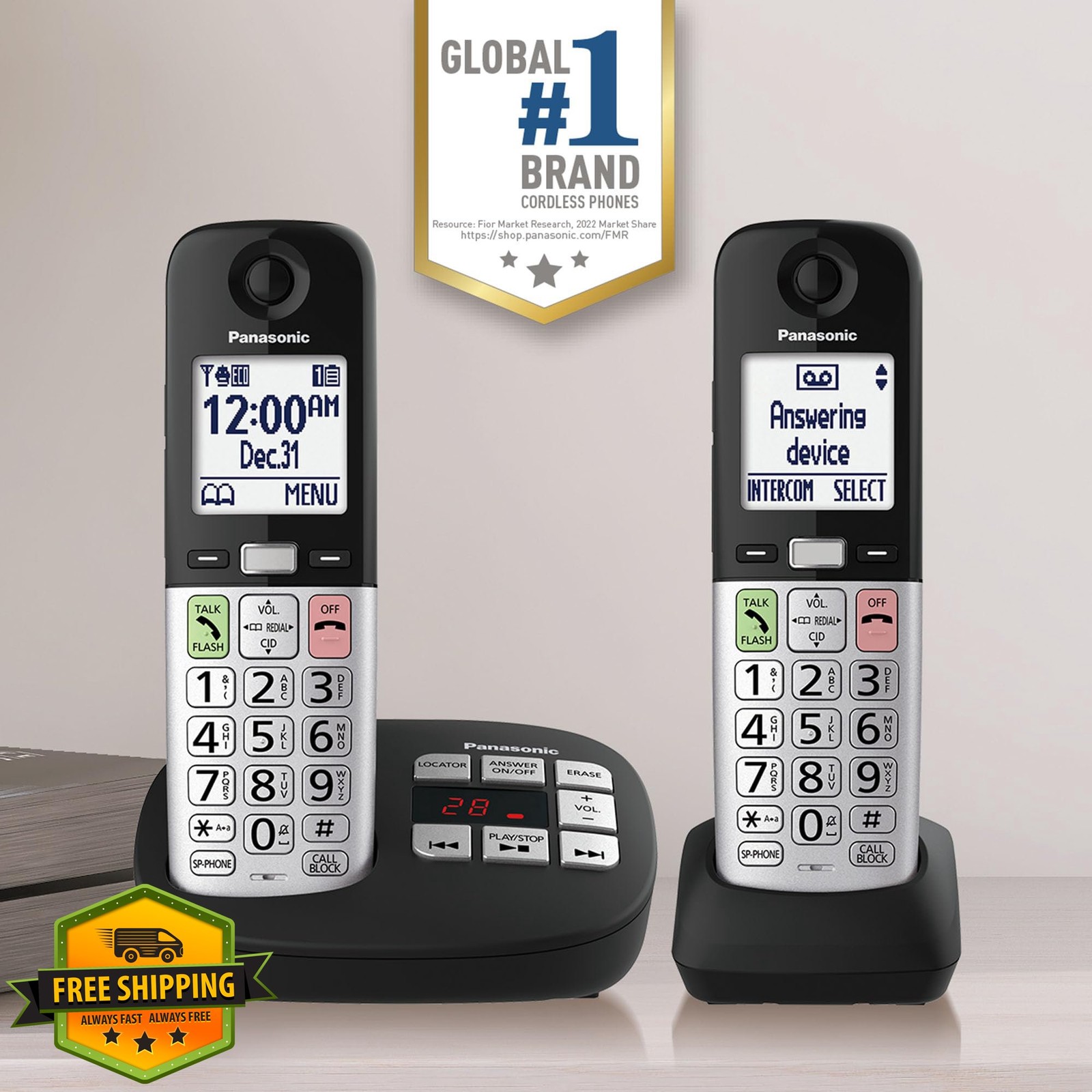 Panasonic Cordless Phone, 2 Handsets, KX-TGU432B, Large Buttons