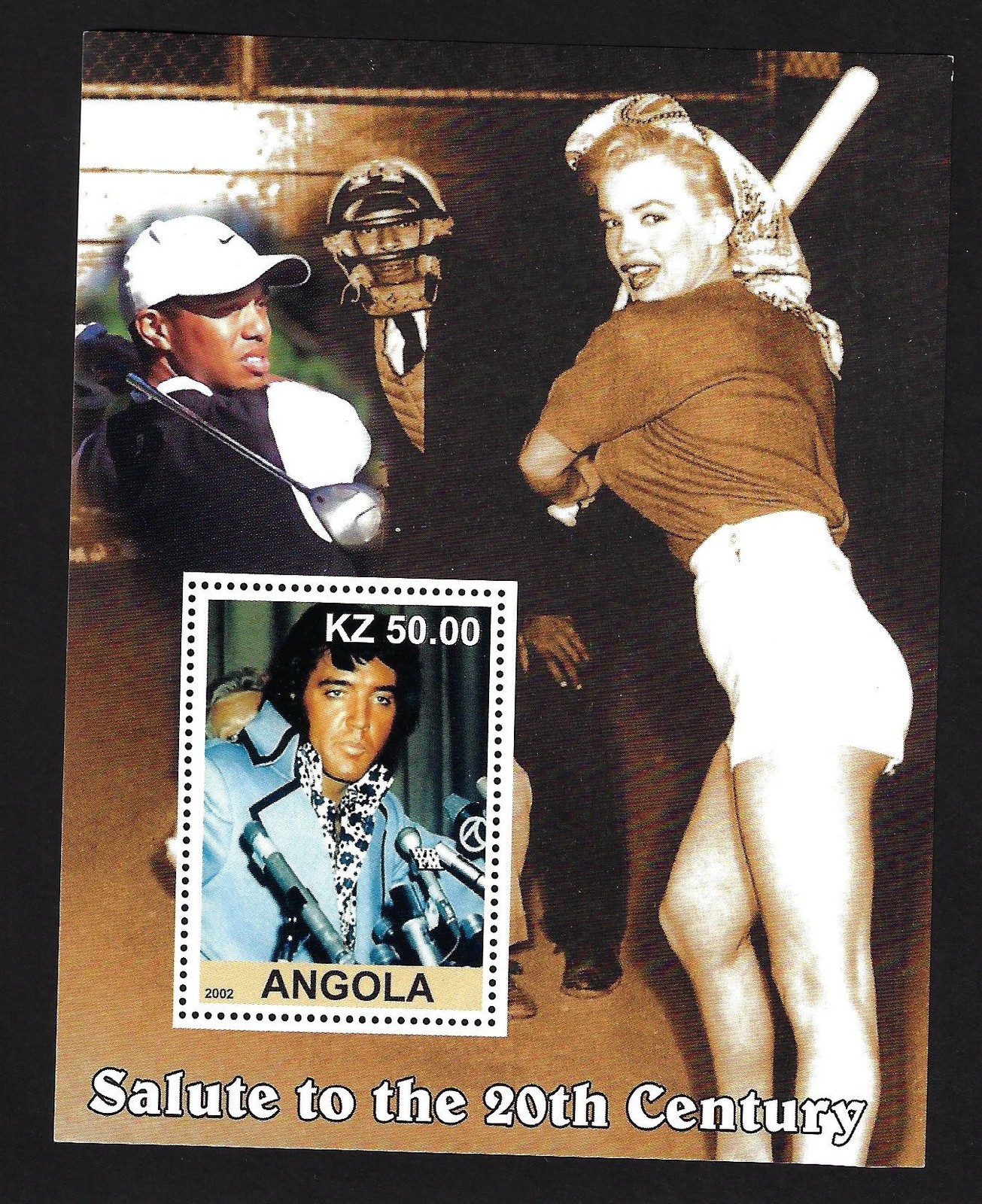 ANGOLA 2002 SOUVENIR SHEET ELVIS PRESLEY, MARILYN MONROE & TIGER WOODS MNH
