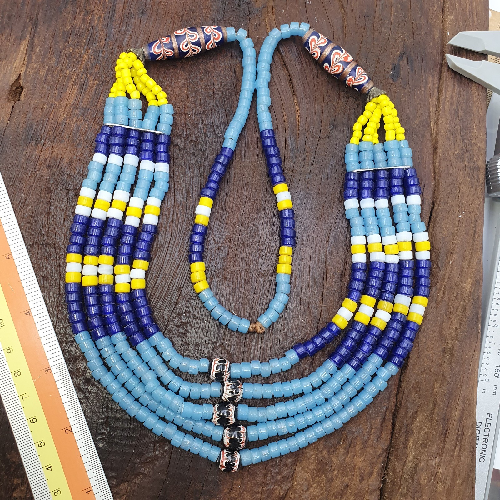 Multi-Strand Blue Yellow Seed Bead Necklace African Tribal Style Patterned Beads