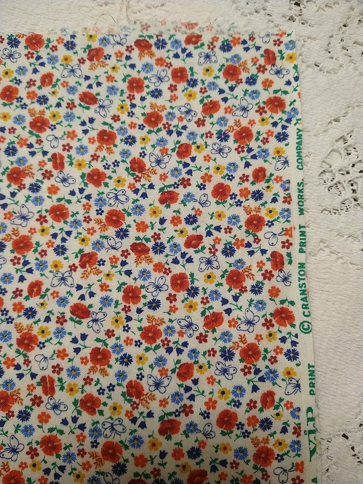 Vintge Cranston Tiny Butterflies Red Blue Yellow Floral Cotton Fabric BTFQ 18x22