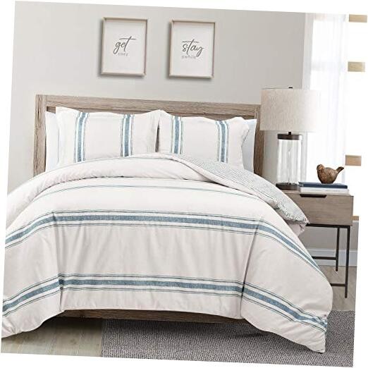  Farmhouse Stripe Reversible Cotton Duvet Cover Queen Size 3 Full/Queen Blue
