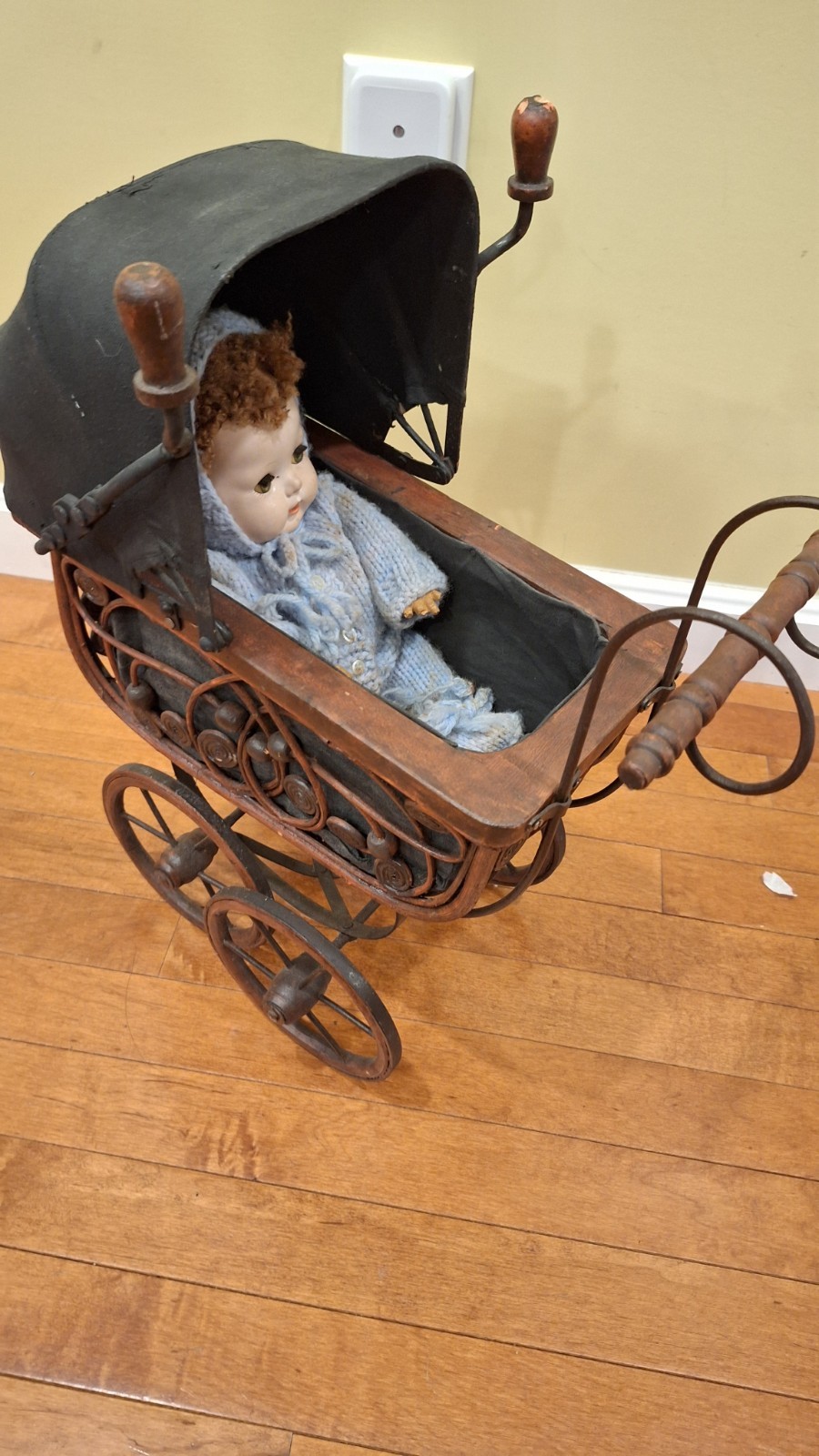 Antique Vintage Baby Doll Carriage, Pram, Victorian Style Wooden Stroller 19” 