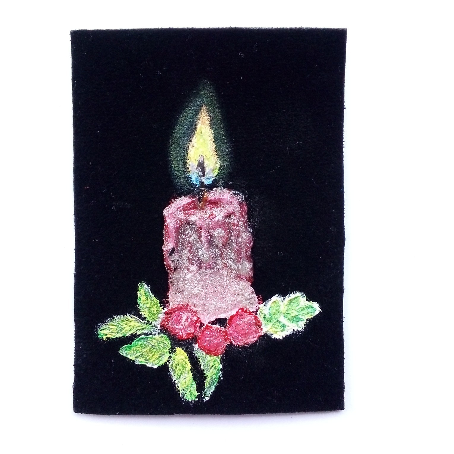 Original ACEO Candle Art Card Textured Acrylic Painting on Black Velvet Canvas