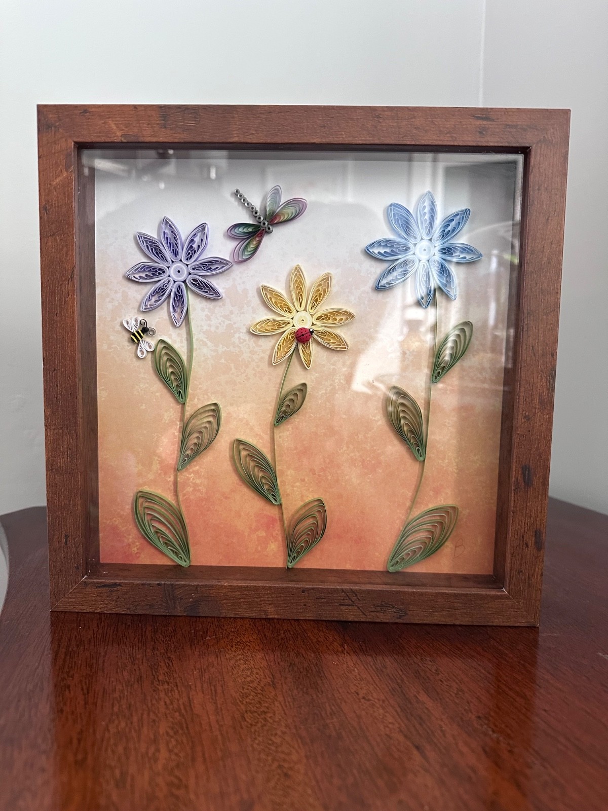 Shadow Box Art 10 x 10 x 2 Quilled Flowers w/ dragonfly, bee, & ladybug w/ wood