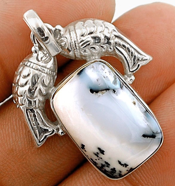 Natural Fish Winter Dendrite Opal 925 Sterling Silver Pendant Jewelry 