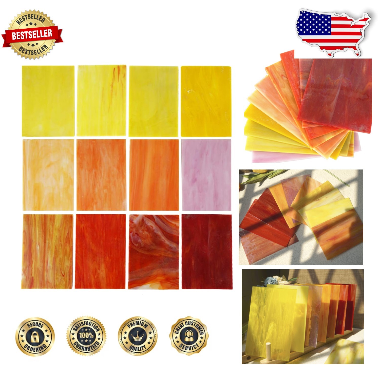 Large 4x6" Stained Glass Mosaic Tiles - 10pc Variety Fall Textured Glass