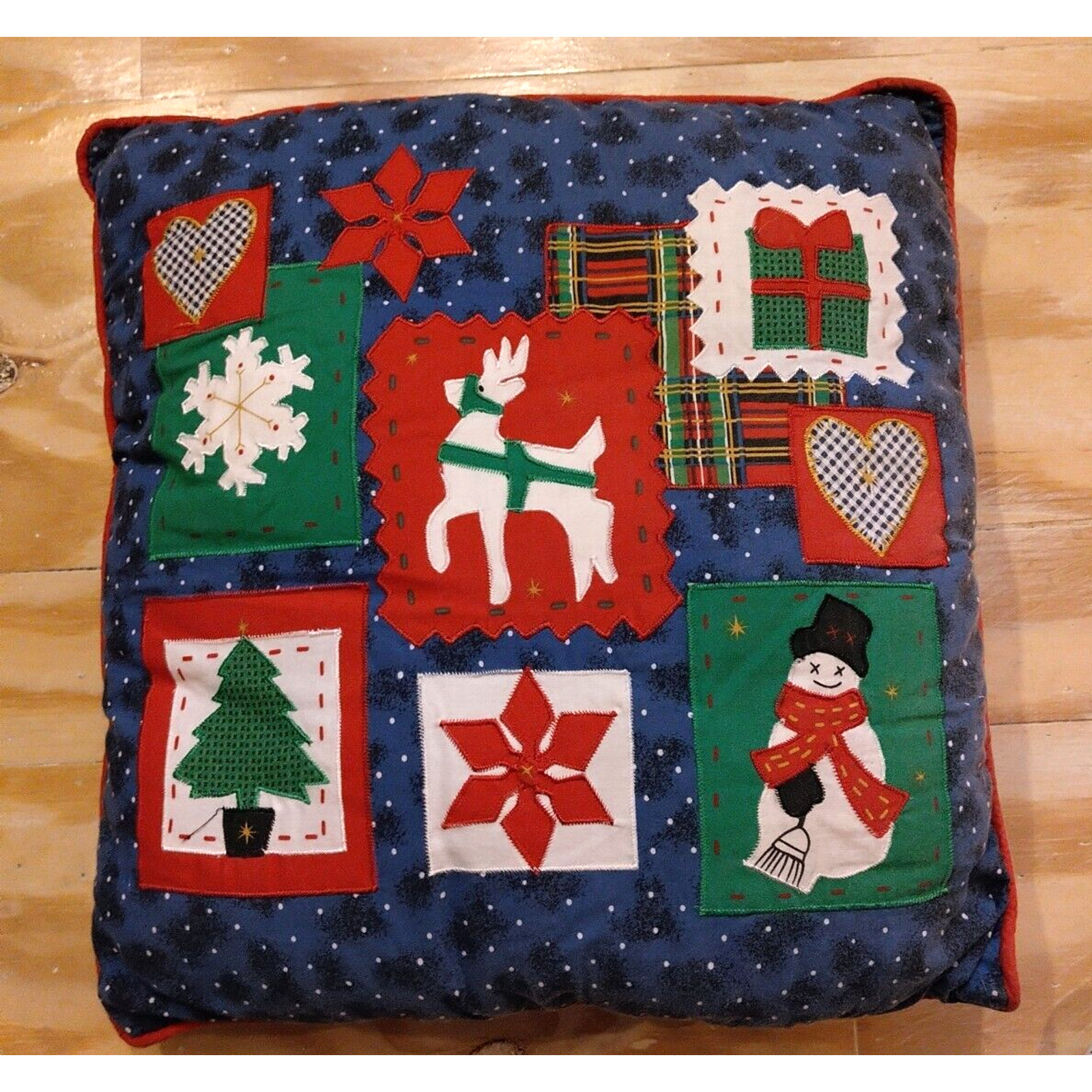 Christmas Toss Pillow Patchwork Snowman Snowflake Tree 15 x 15 Seasonal Decor