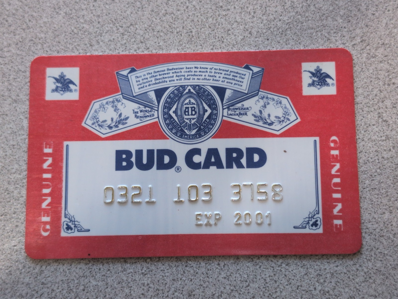 Budweiser Vintage Genuine Plastic Credit Card Bud Card Exp 2001