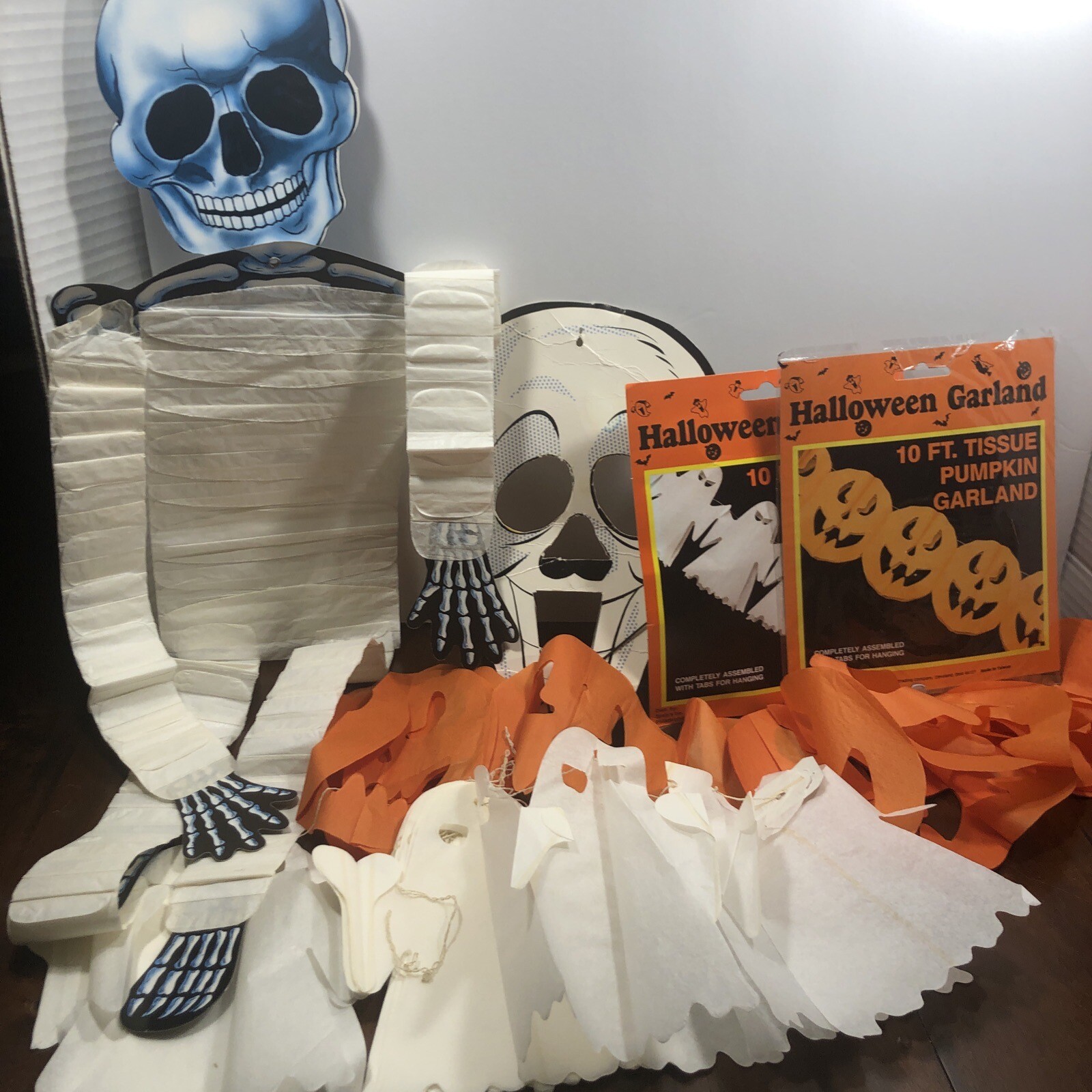 VINTAGE HALLOWEEN Tissue SKELETON Pumpkin & Ghost Garlands & Mask Made In Taiwan