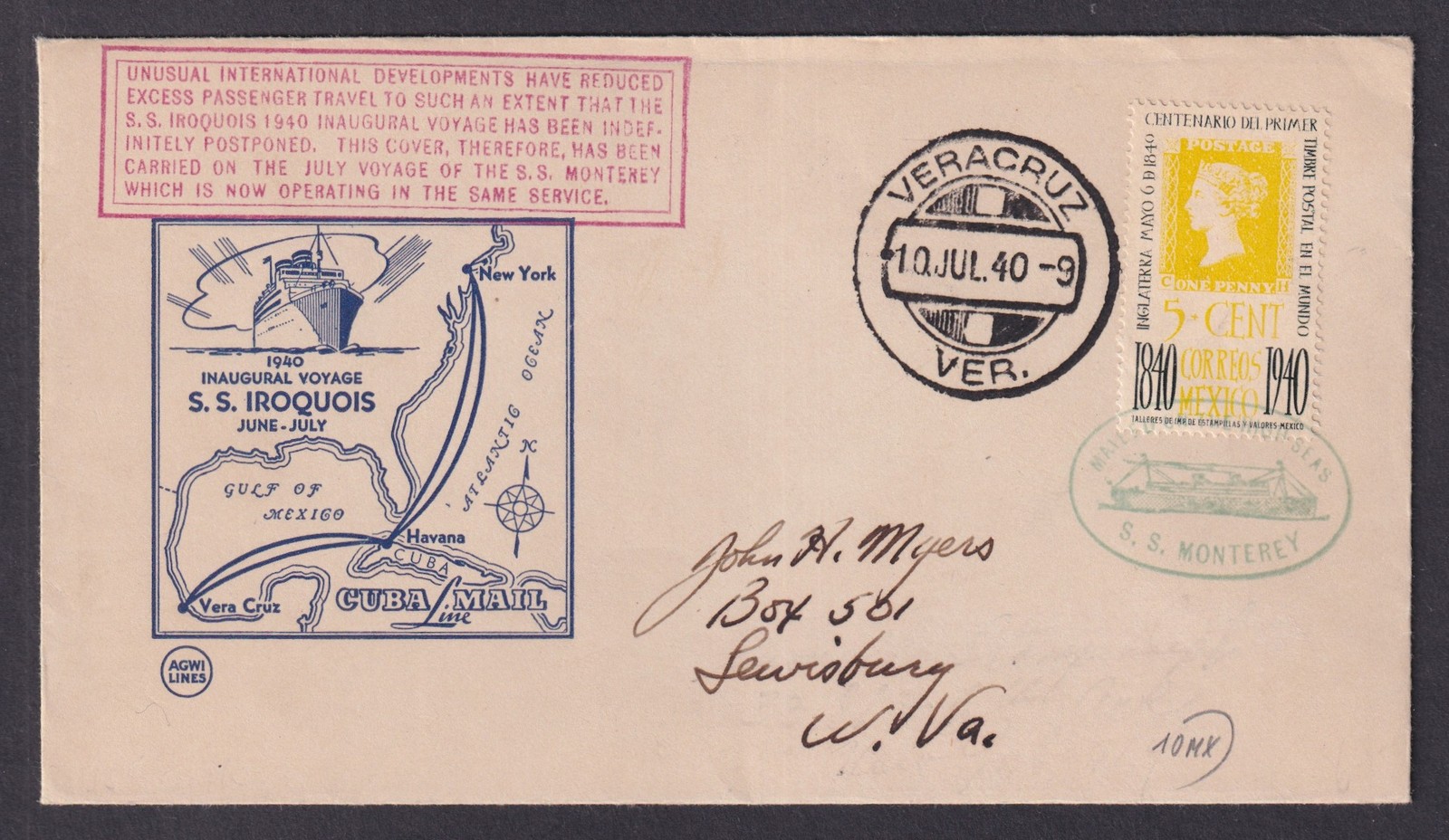 Mexico 1940 Naval Cover SS Iroquois to SS Monterey