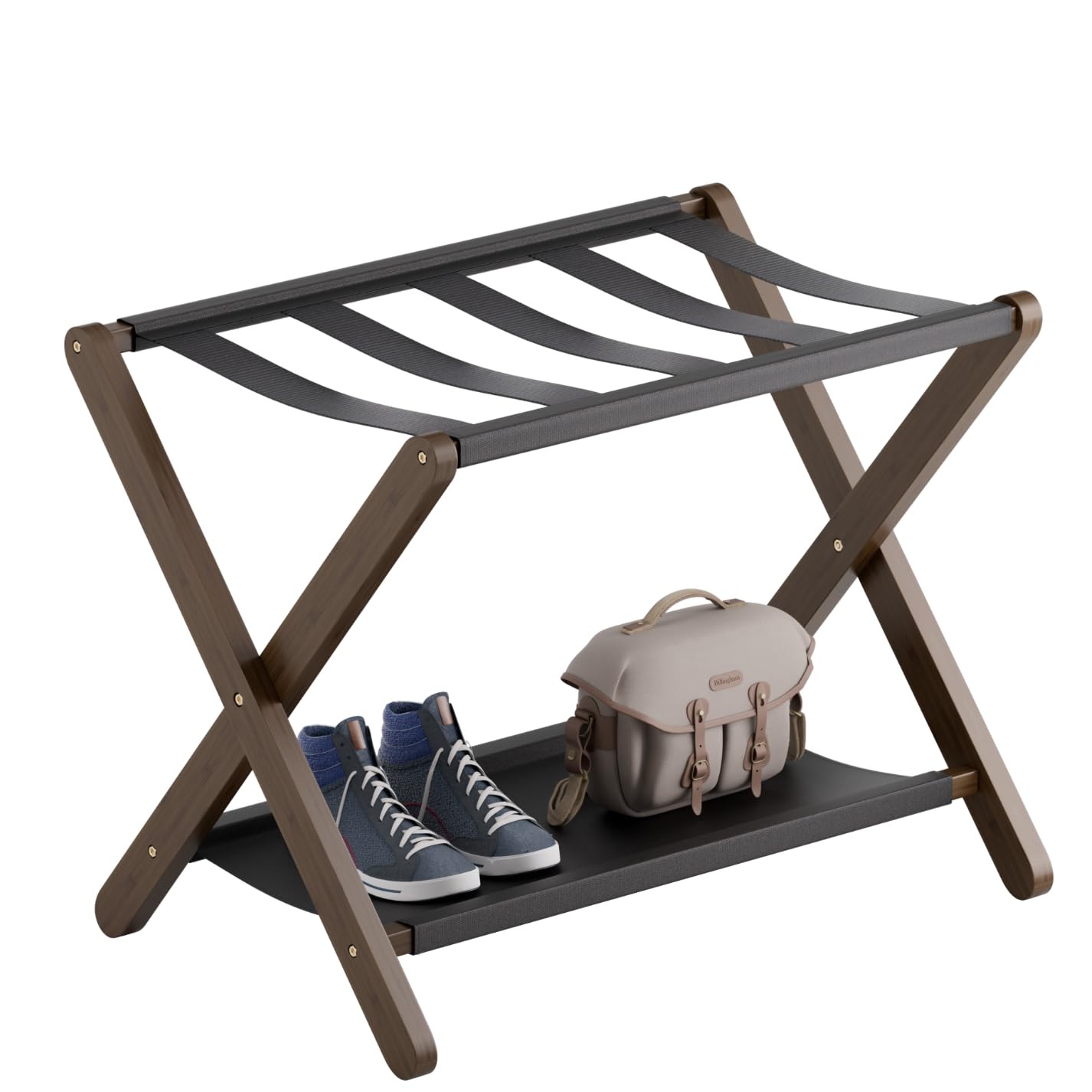 Luggage Rack, Folding Suitcase Stand with Storage Shelf, Premium Bamboo Lugga...