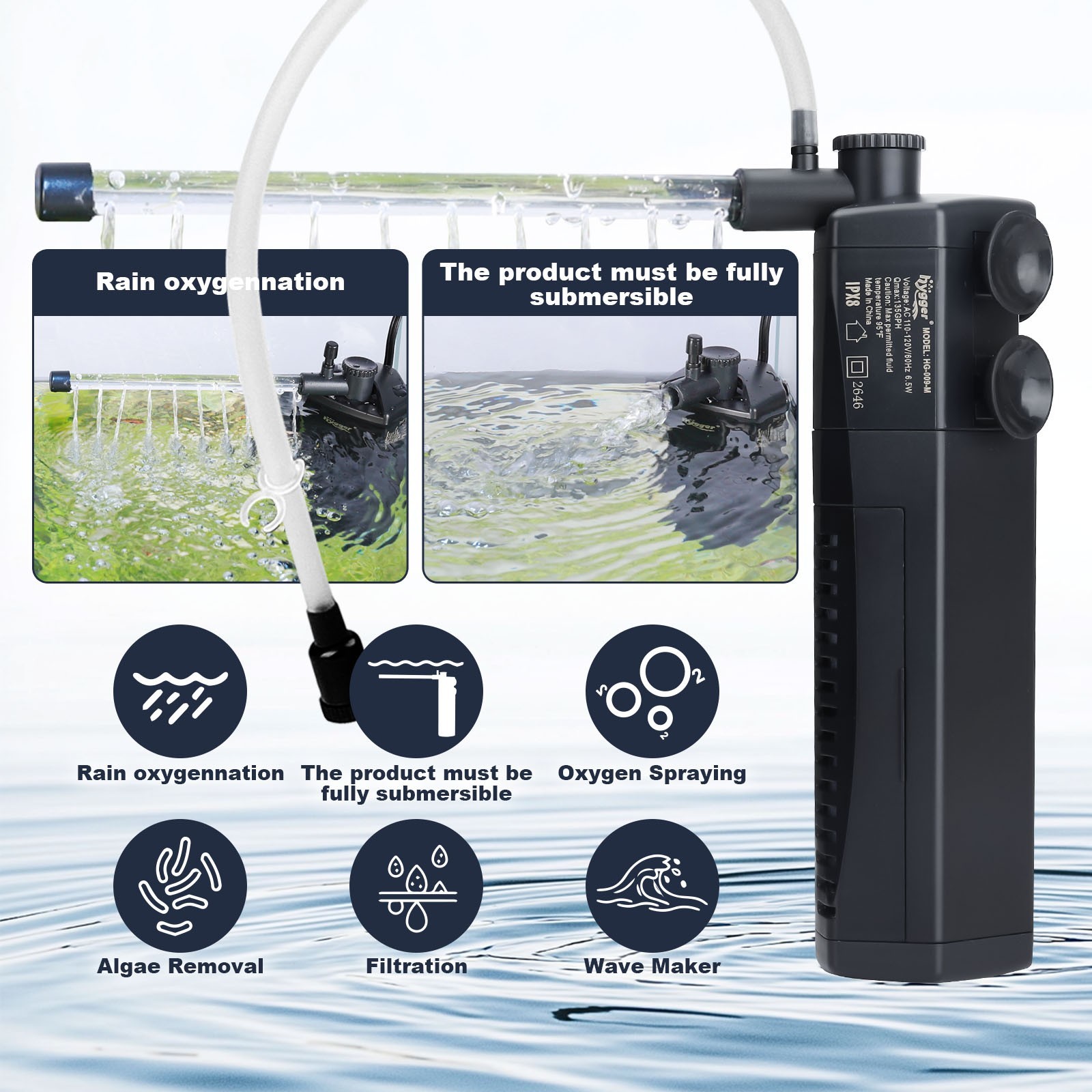 hygger 80-120GPH Internal Aquarium Canister Filter Submersible Pump 3-2 0Gallon