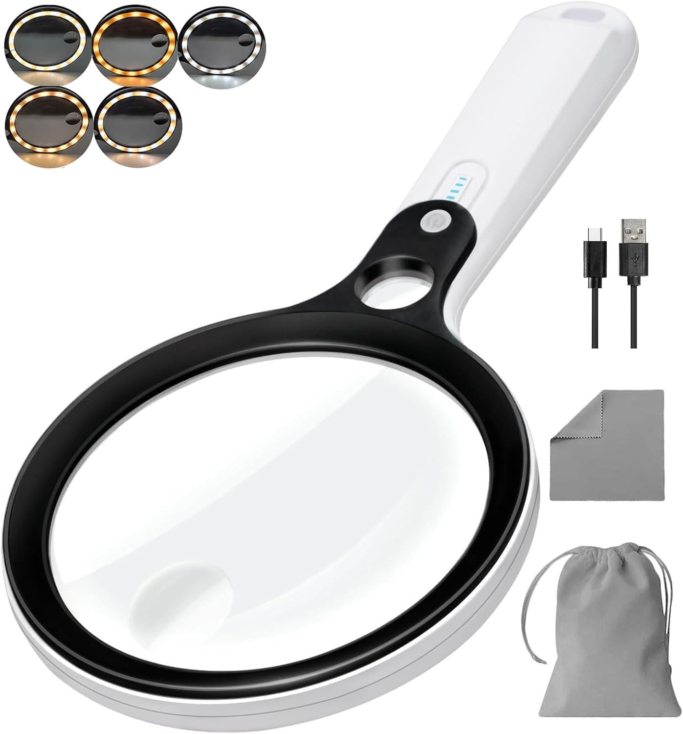 Magnifying Glass with 48 LED Light, 10X 20X 45X Handheld White Handle 