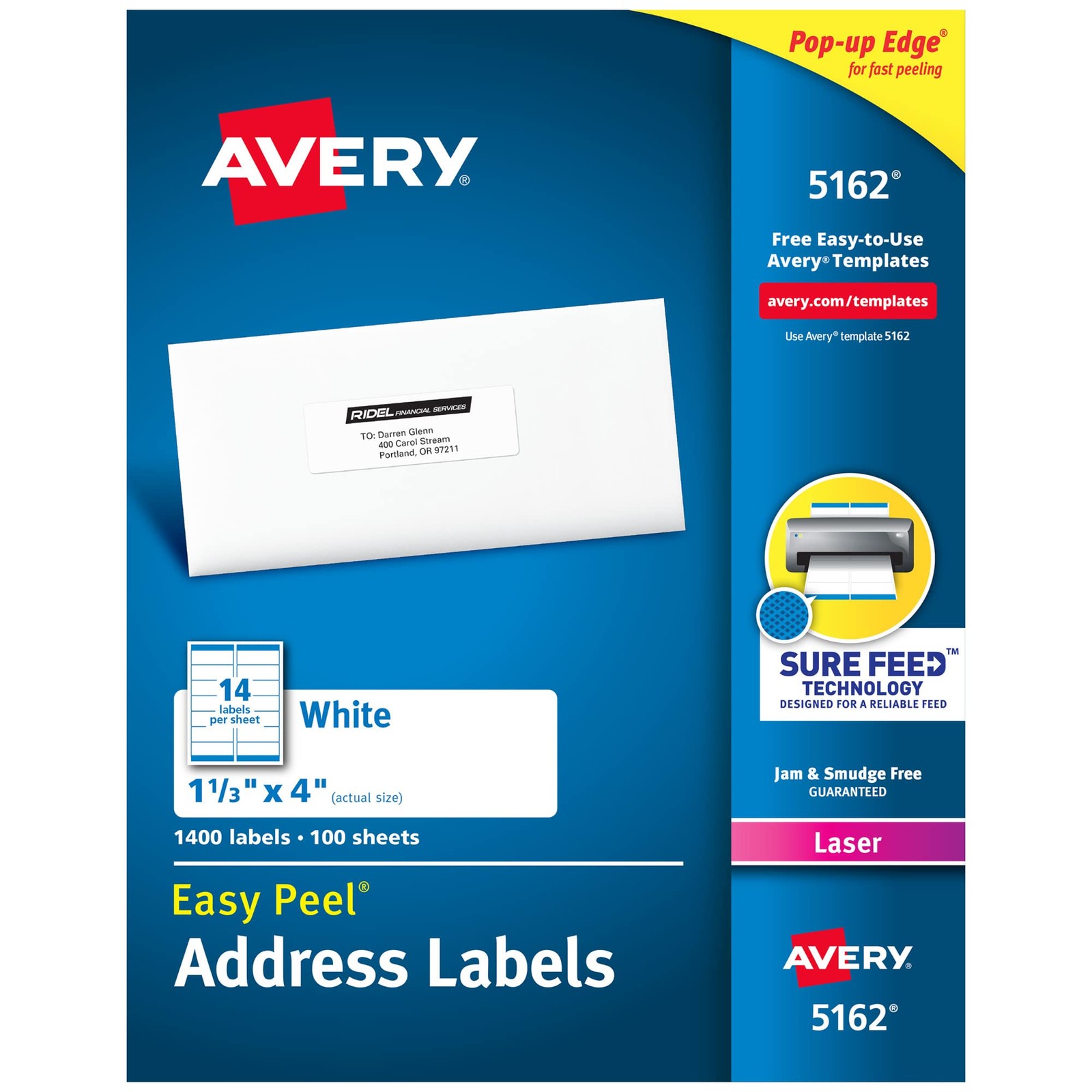 Avery Easy Peel Address Labels 1.33x4" White 1400 Laser Printer Sure Feed