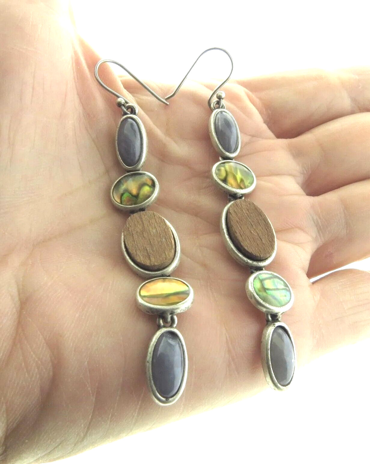 Wood Glass Abalone Shell Silver Dangle Earrings 10 mm 3"