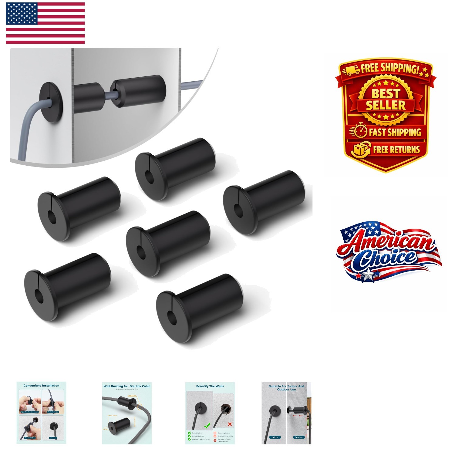 6-Piece Waterproof Starlink Wall Grommet Set - 3/4 Inch Rubber Cable Protectors