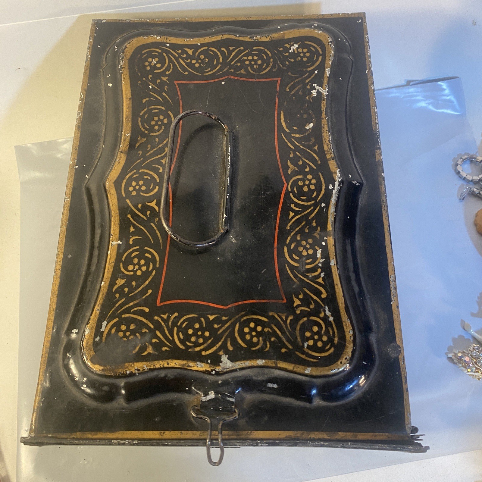 Victorian Metal Lock Box Black W/Color and Pressed Pattern