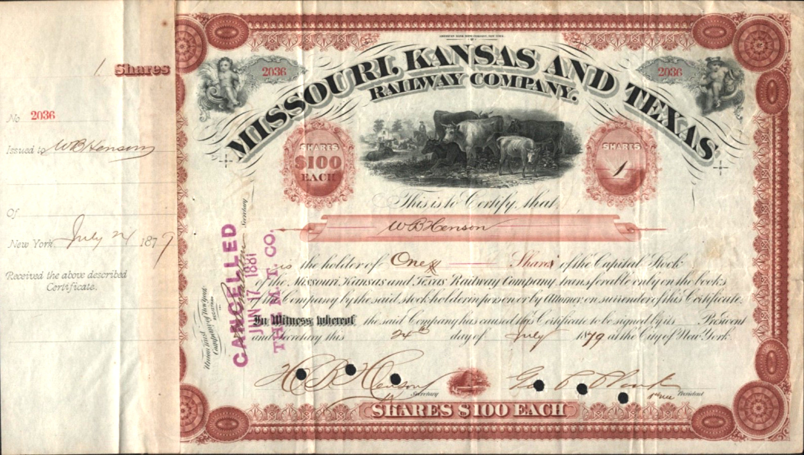 1879 MISSOURI, KANSAS AND TEXAS RAILWAY COMPANY old railroad stock certificate