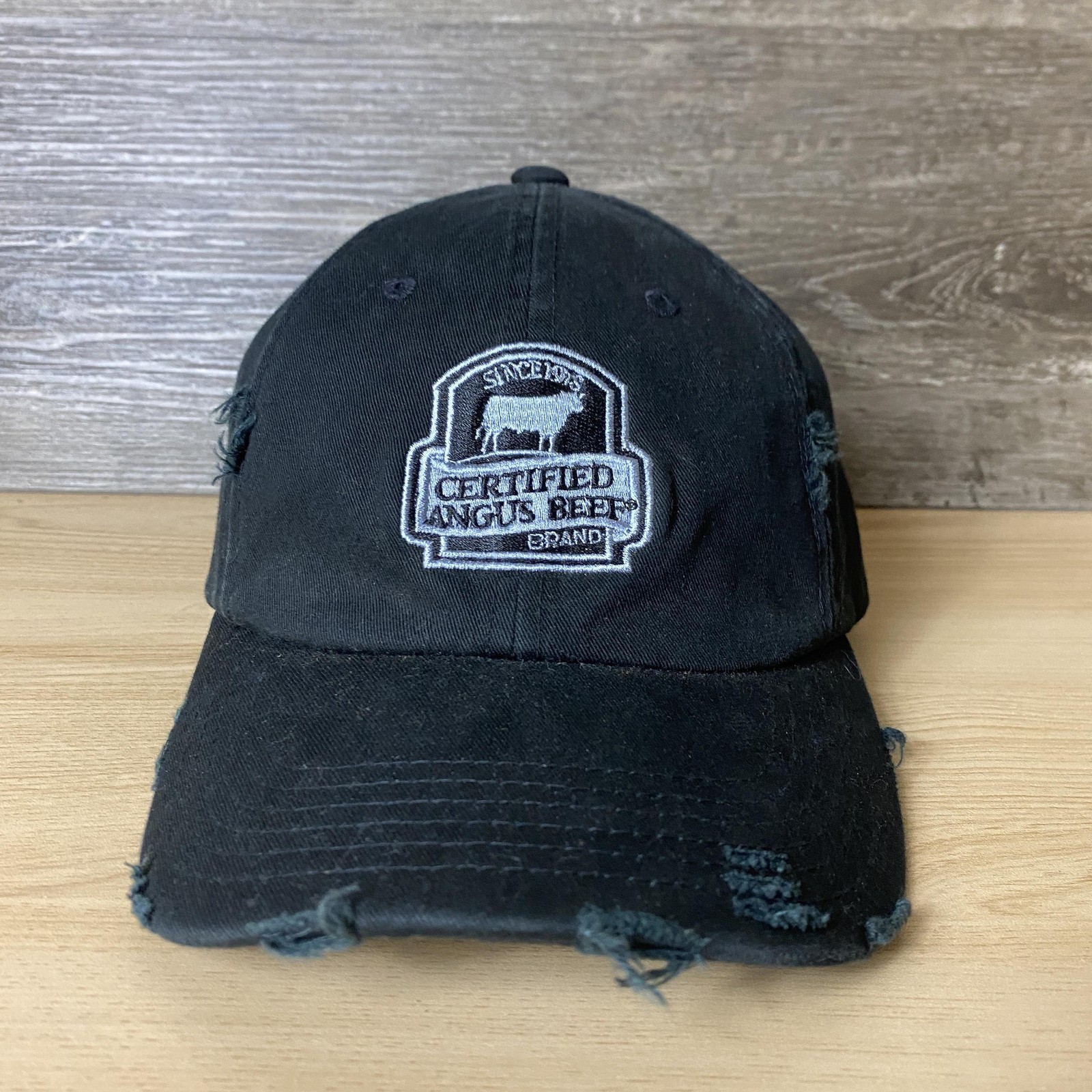Certified Angus Beef Hat Cap Strap Back Black Distressed Embroidered Patch Mens