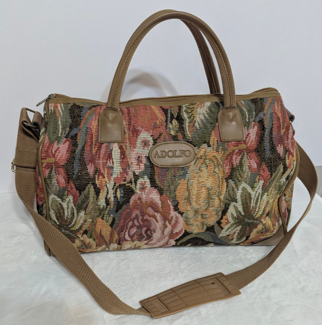 Vintage Adolfo Floral Tapestry Travel Bag Weekender Duffel Boho Luggage Carry On