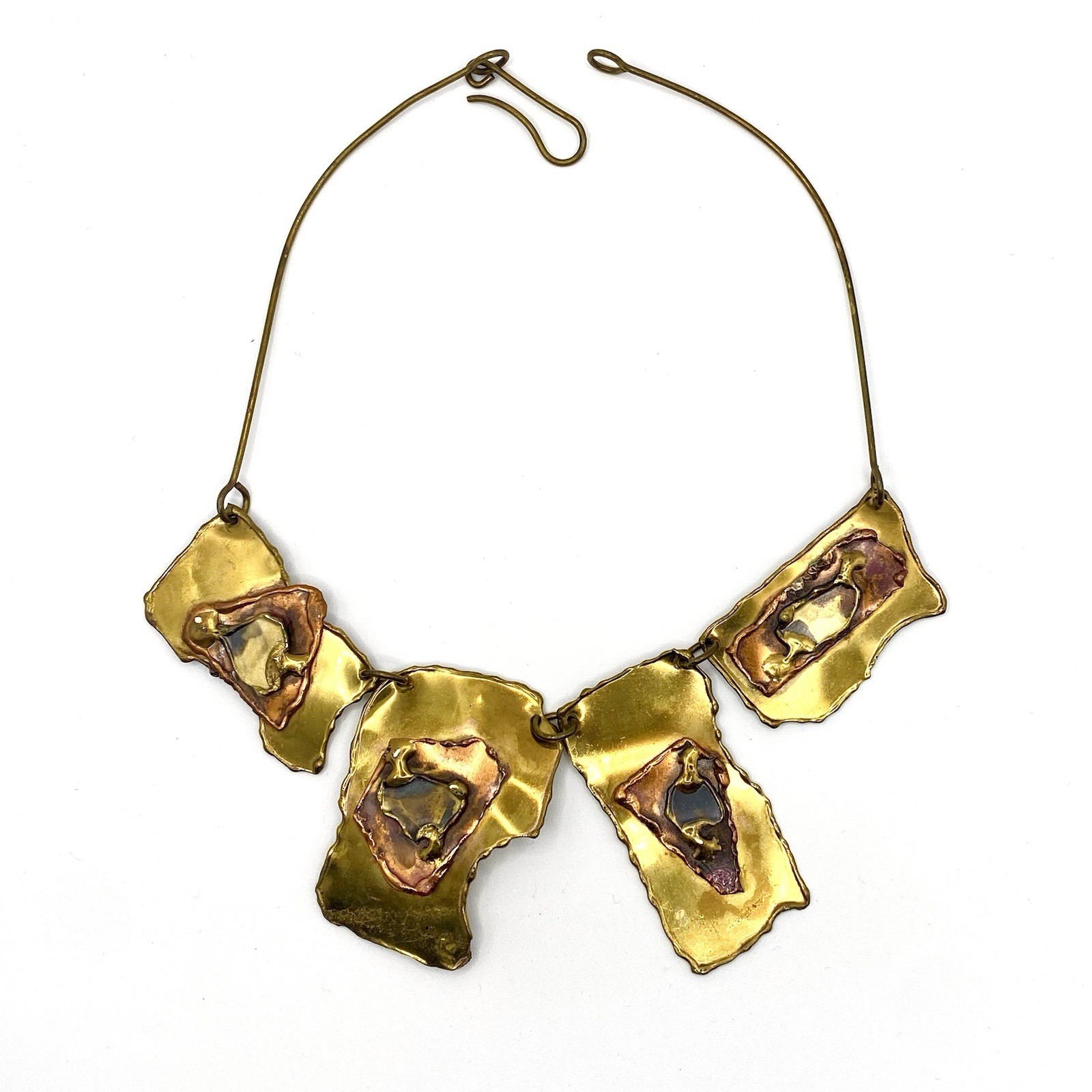 Brutalist Handmade Copper Brass Welded Metal Sheet Necklace Modernist Jewelry