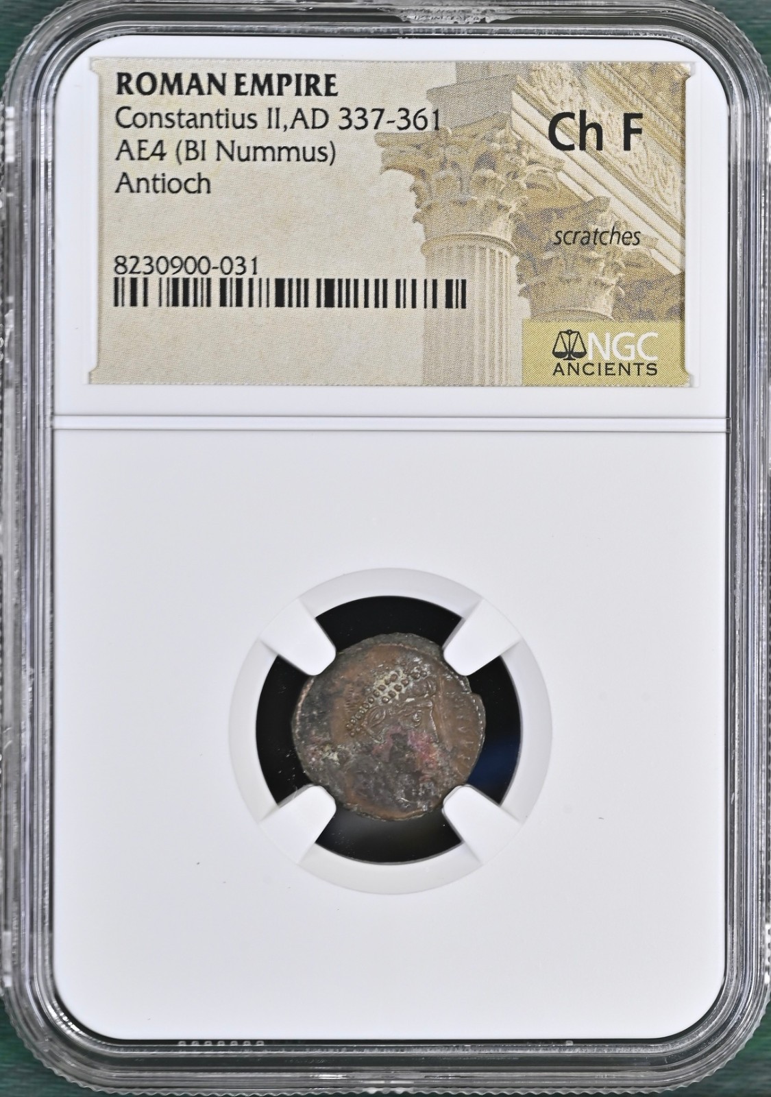 ROMAN CONSTANTIUS II, AD 337-361, AE4 BI NUMMUS ANTIOCH MINT NGC CH F 900031