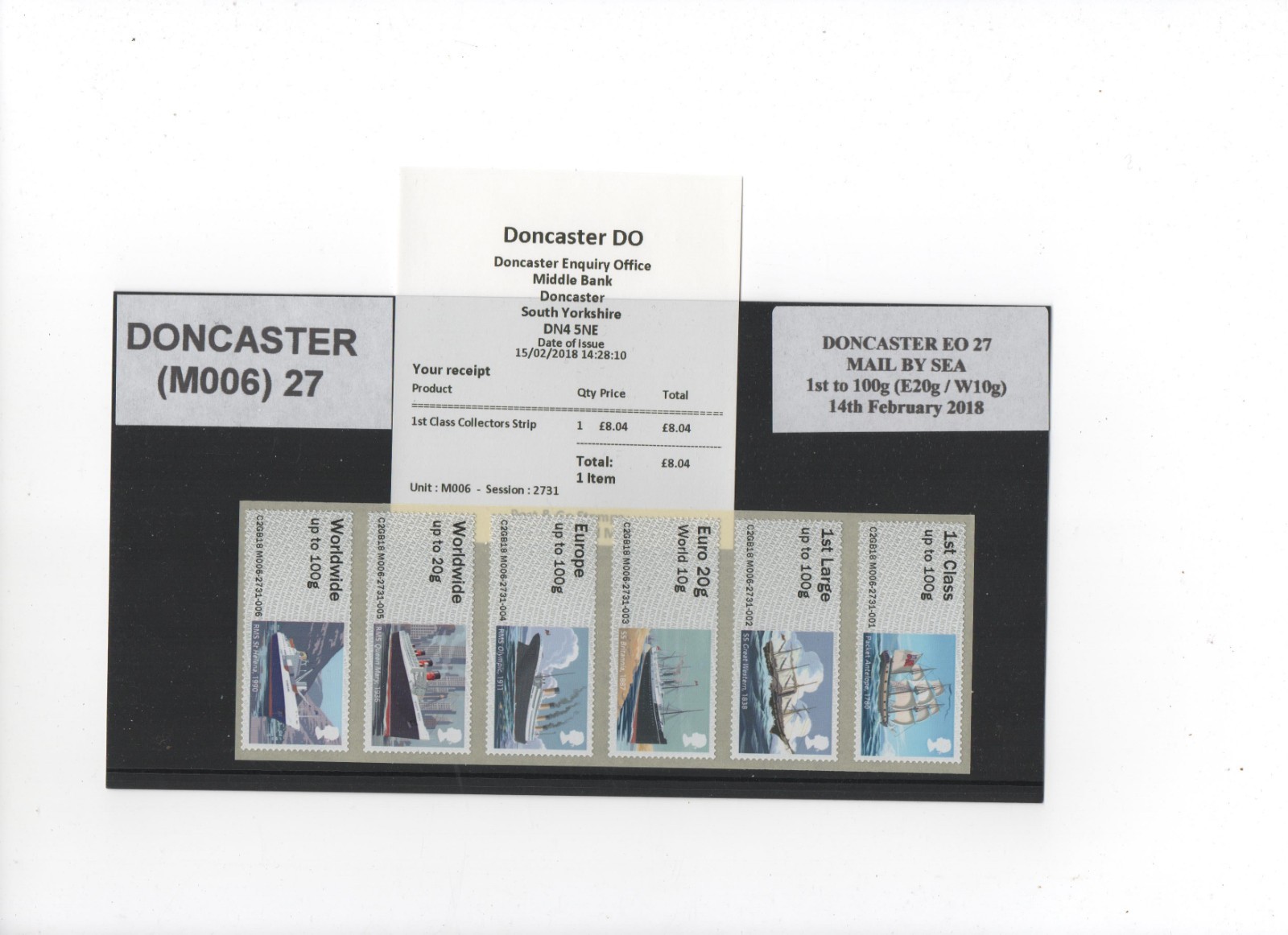 POST GO DONCASTER EO/DO M006 MAIL BY  SEA COLLECTOR STRIP of 6 to 100g/DV SCARCE
