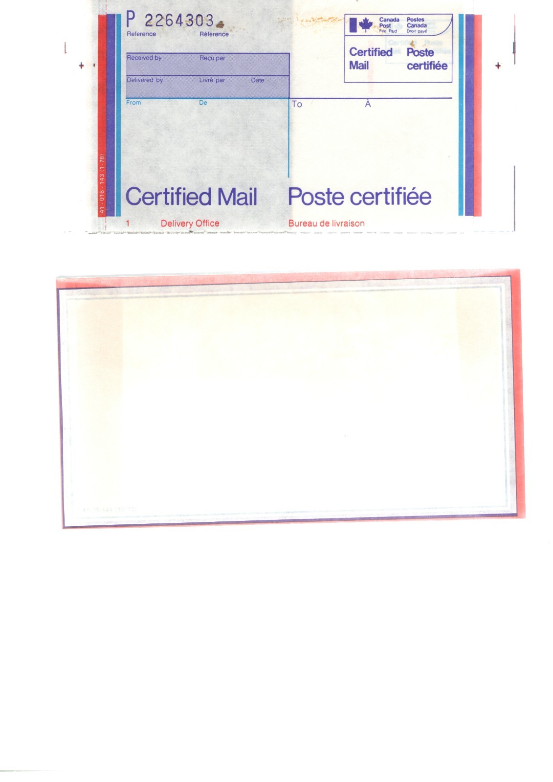 CANADA POST FORMS CERTIFIED MAIL UNUSED