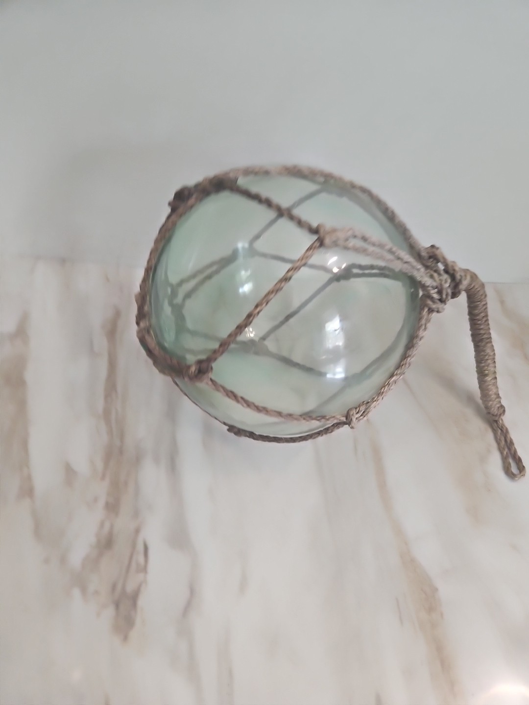 Vintage Large Japanese Glass Fishing Float Buoy Ball Net 8” Light Green Hue