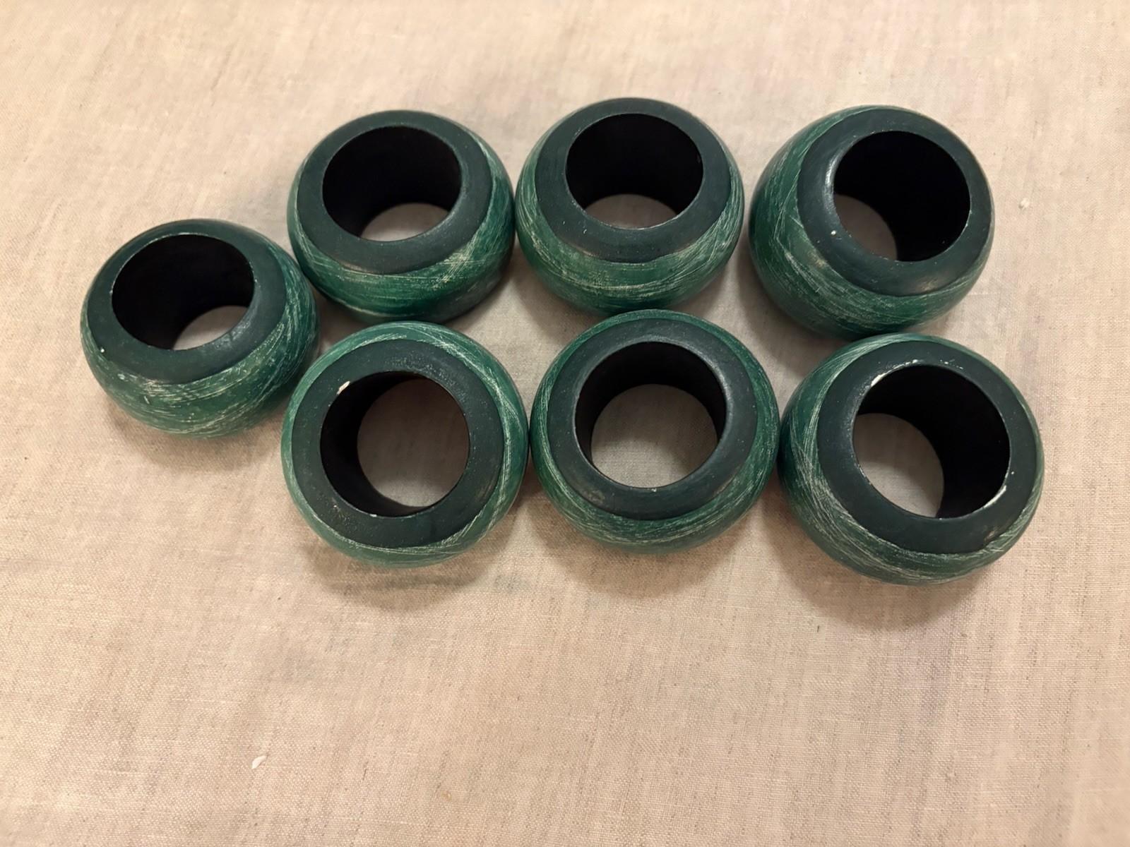 Set of 6 vintage painted wood napkin rings green/black/white mid-century Modern