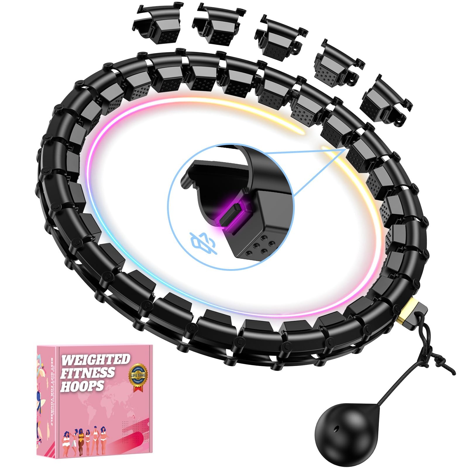 Fit Hoop Weighted Hula Pilates Circles, 32 Detachable Parts & 30-65", BLACK 