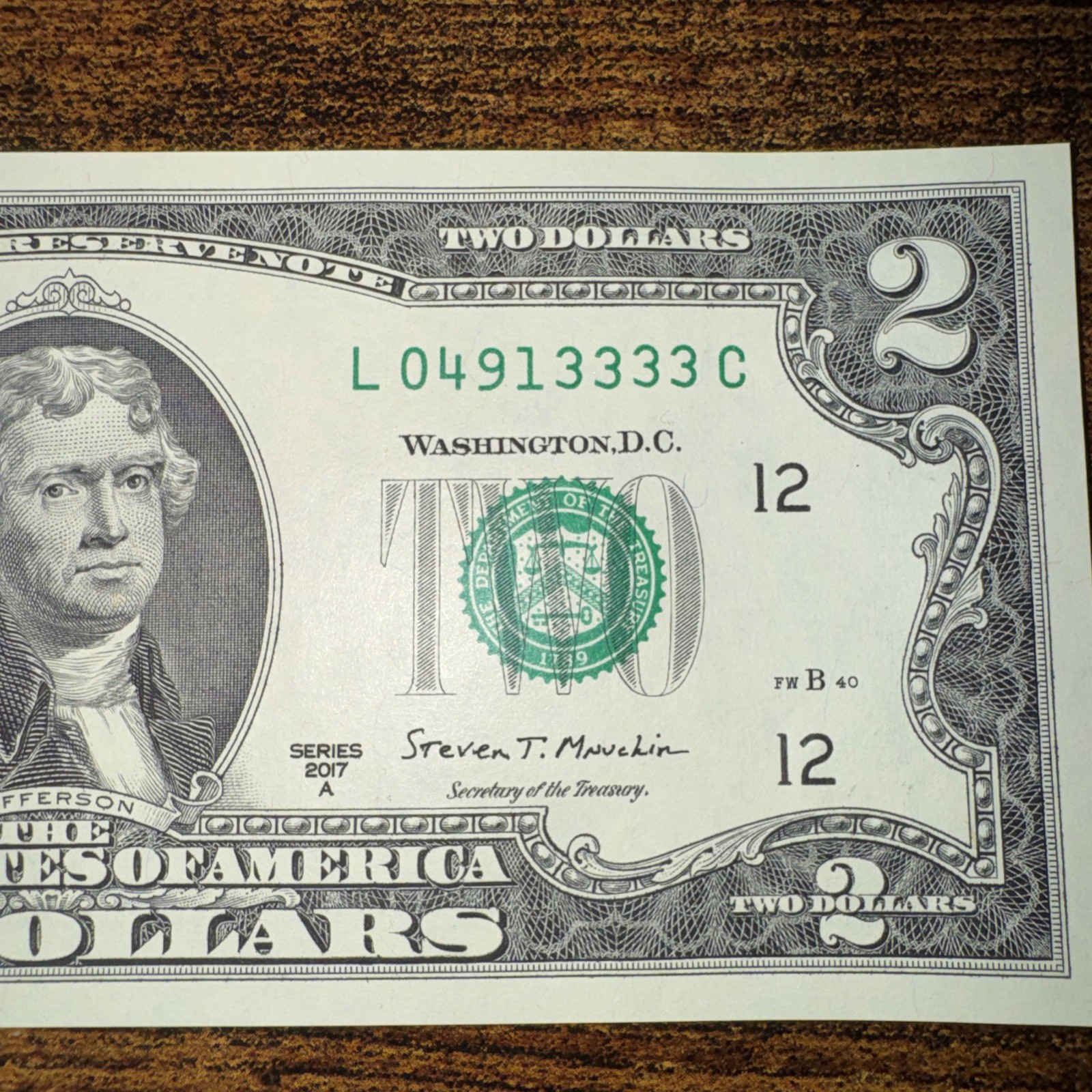 2017 $2 Bill Fancy Serial L04913333C – Quad 3333 – Crisp Uncirculated Note