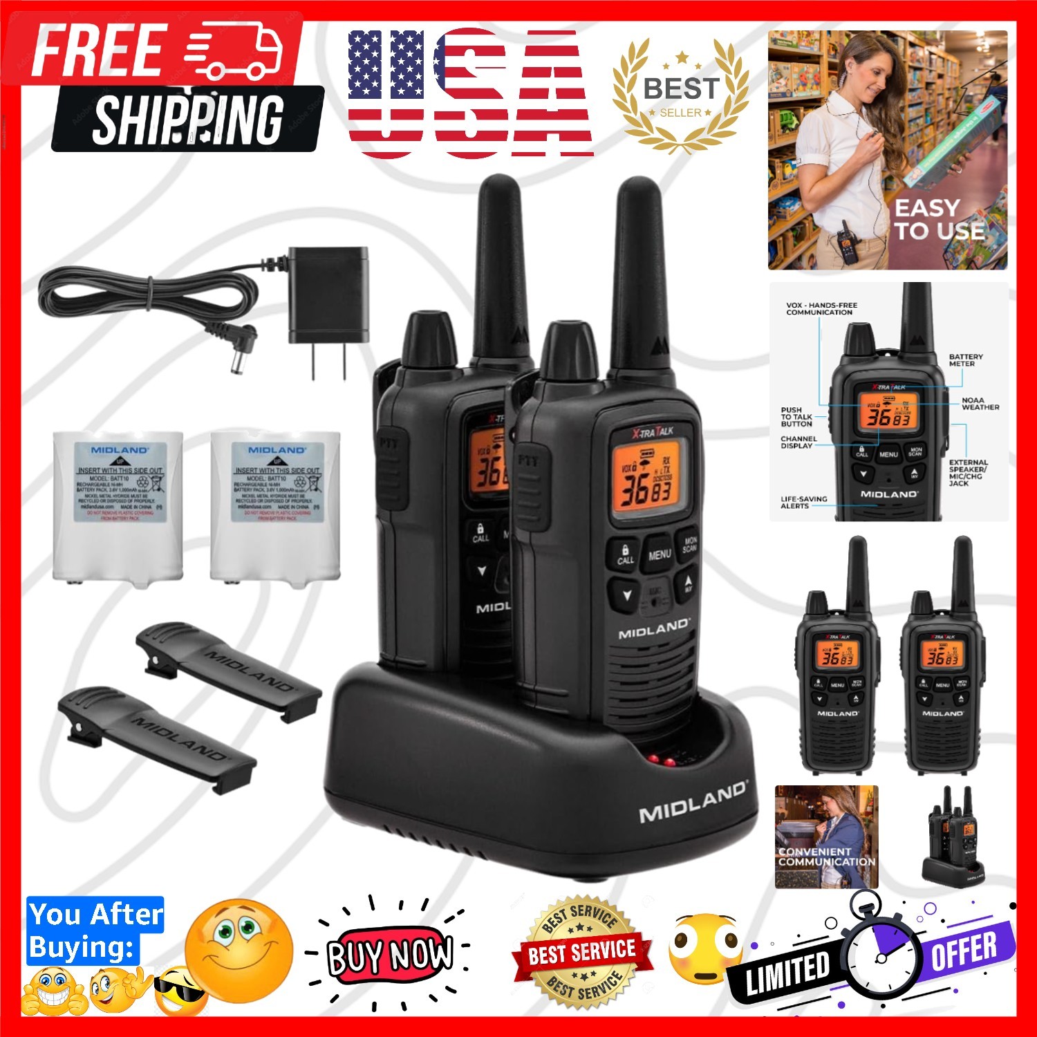 FRS Walkie Talkies - Long Range 36-Channel Two-Way Radios, NOAA Weather Alert...