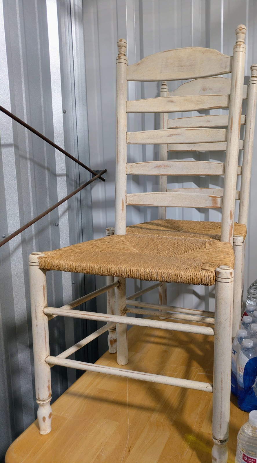 Pair of 2 Farmhouse Ladder Back Chairs Distressed white wood woven rush seat
