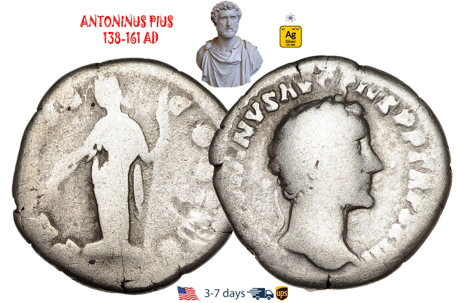 Ancient Roman Empire Coin Silver Denarius ANTONINUS PIUS 138-161 AD #23395