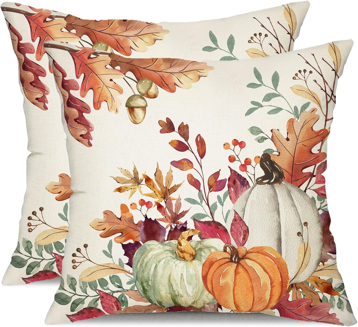 Fall Pillow Covers 18x18 inch Set of 2 Orange White Pumpkin Fallen Leaves Decora