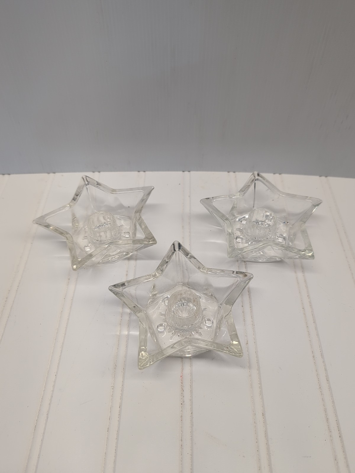 Hazel Atlas Clear Glass Star Candle Holders Vintage Starburst Bottom Set Of 3