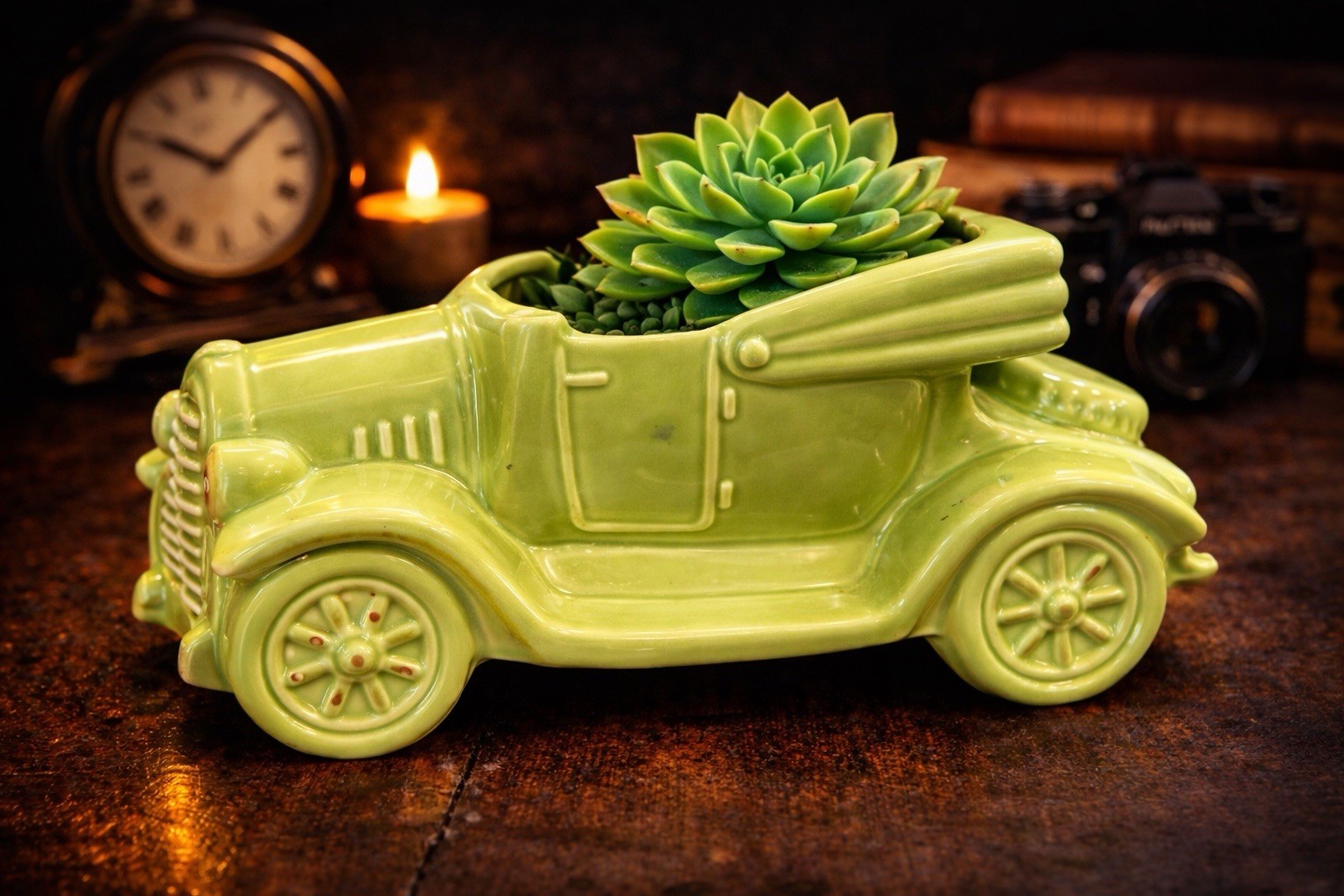 Vintage Ceramic Car Planter Lime Green Mid Century Convertible Auto Pottery