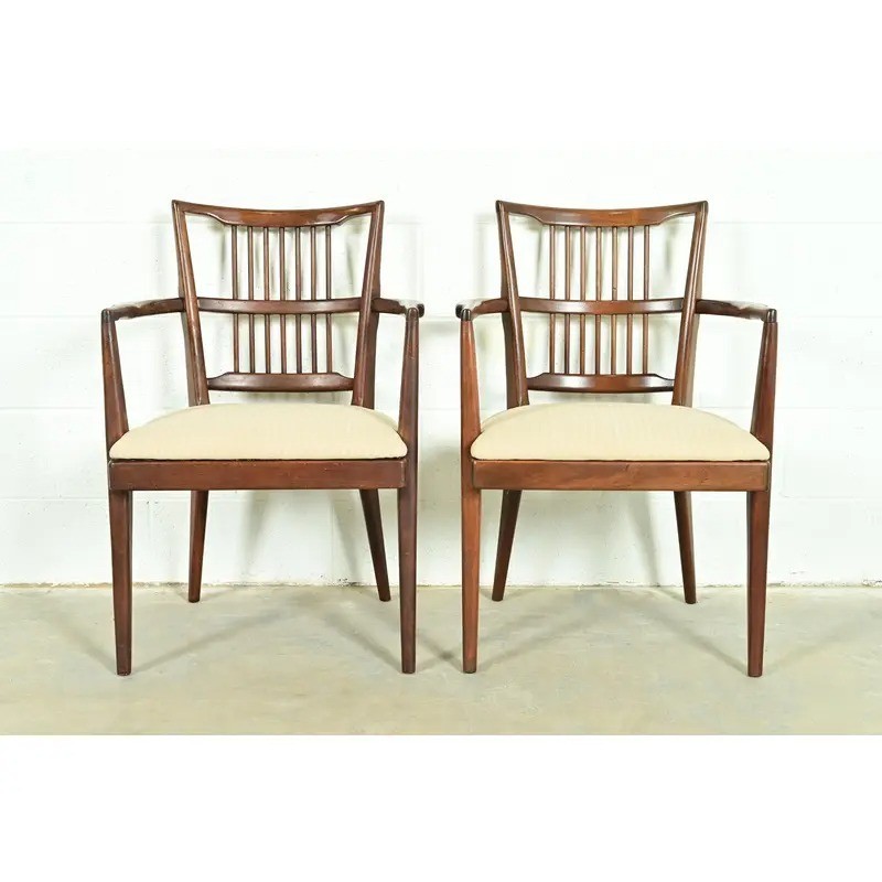 Paul McCobb Style Mid-Century Modern Walnut Spindle Back Armchairs, Pair