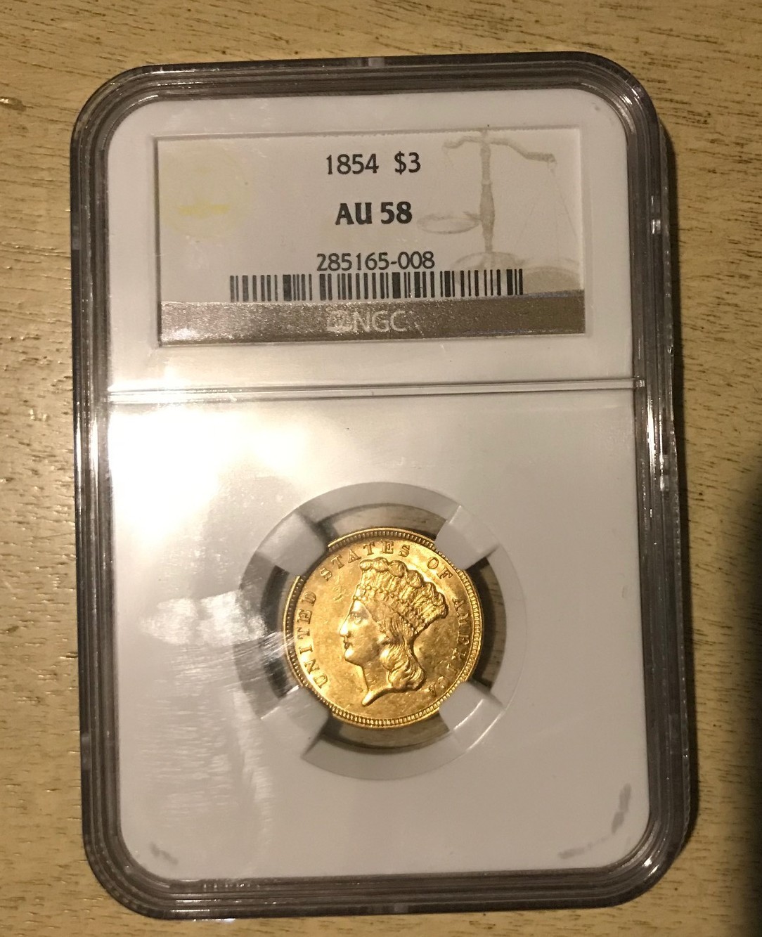 1854 P $3 GOLD INDIAN PRINCESS NGC AU58 EXCELLENT LUSTER ABOUT UNCIRCULATED
