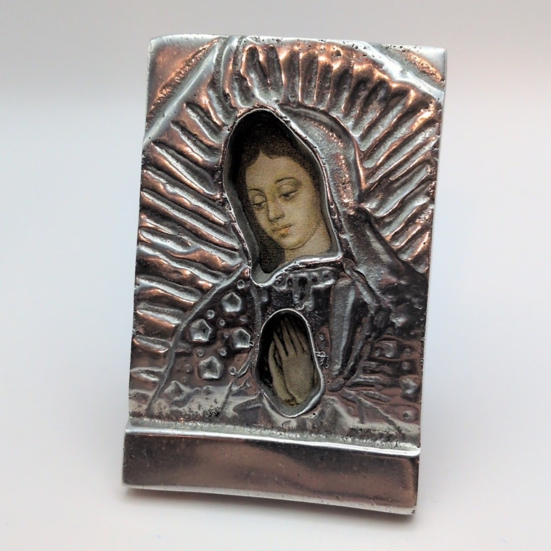 VTG BMT Regalos Mexico Mary Virgen de Guadalupe Cast Metal Icon Mini Framed Art 