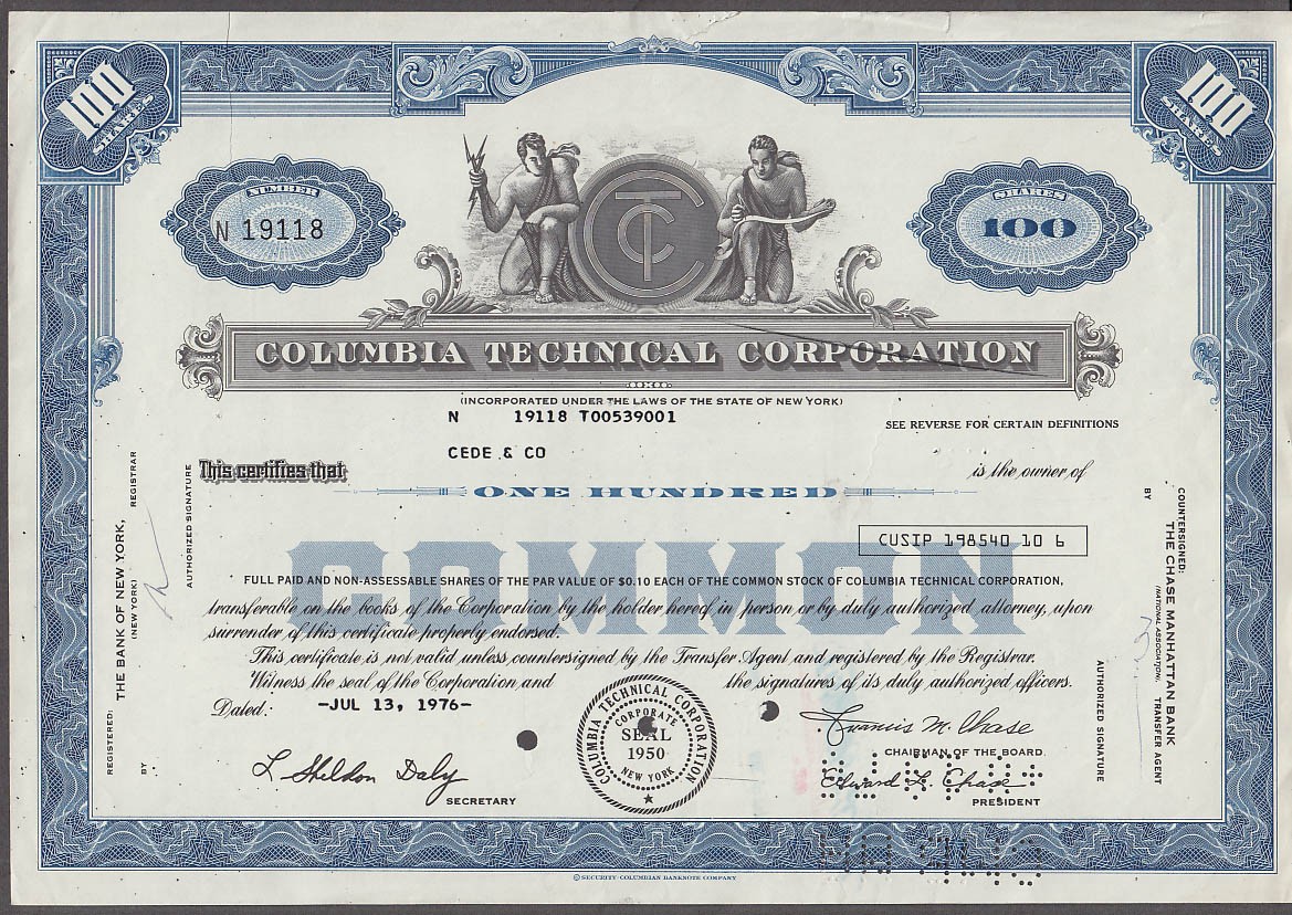 Columbia Technical Corporation stock certificate New York 1976