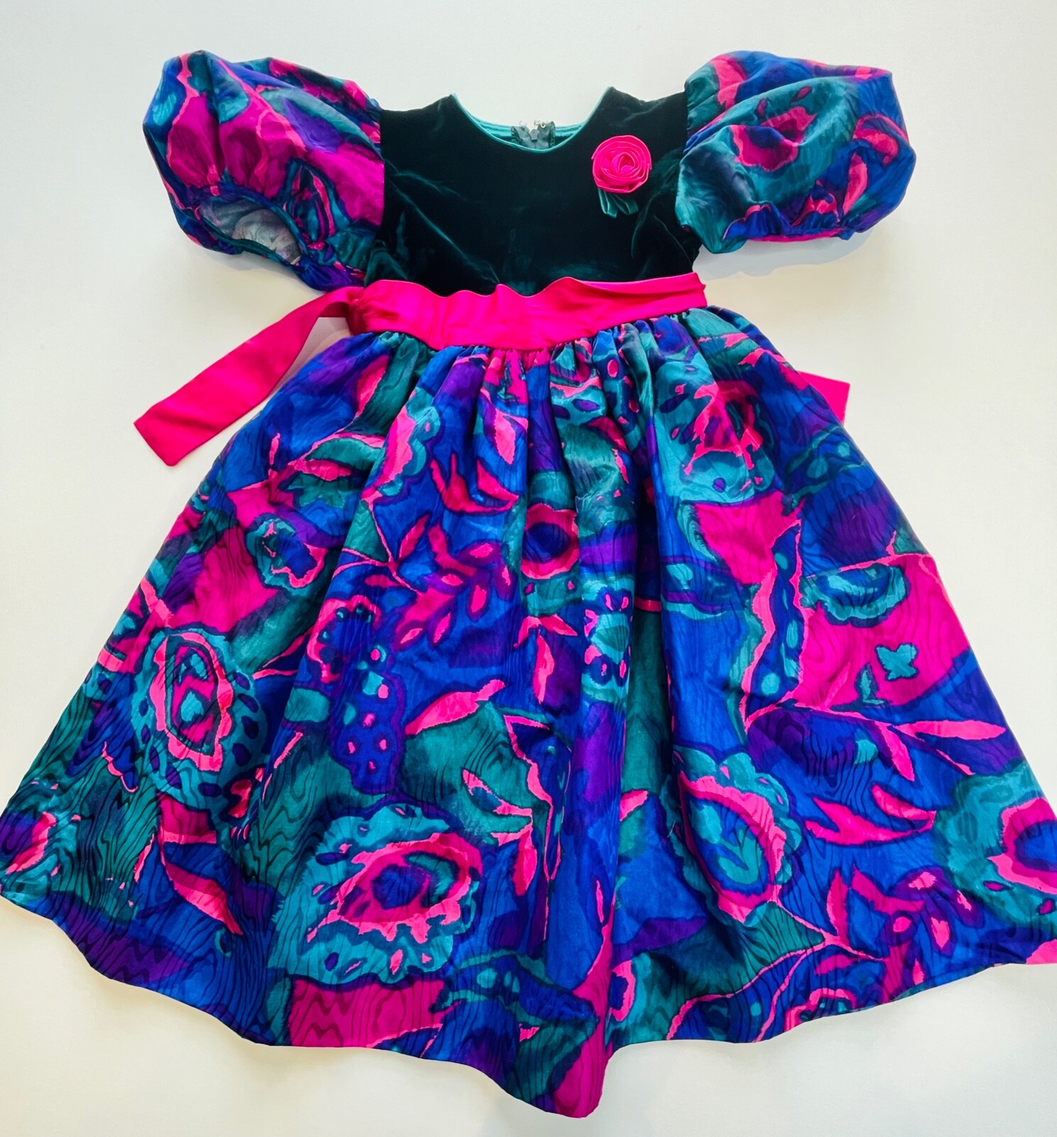 VTG ALBERT NIPON GIRLS GRAPHIC SATIN&VELVET TIE BACK PARTY DRESS BLUE PINK*6