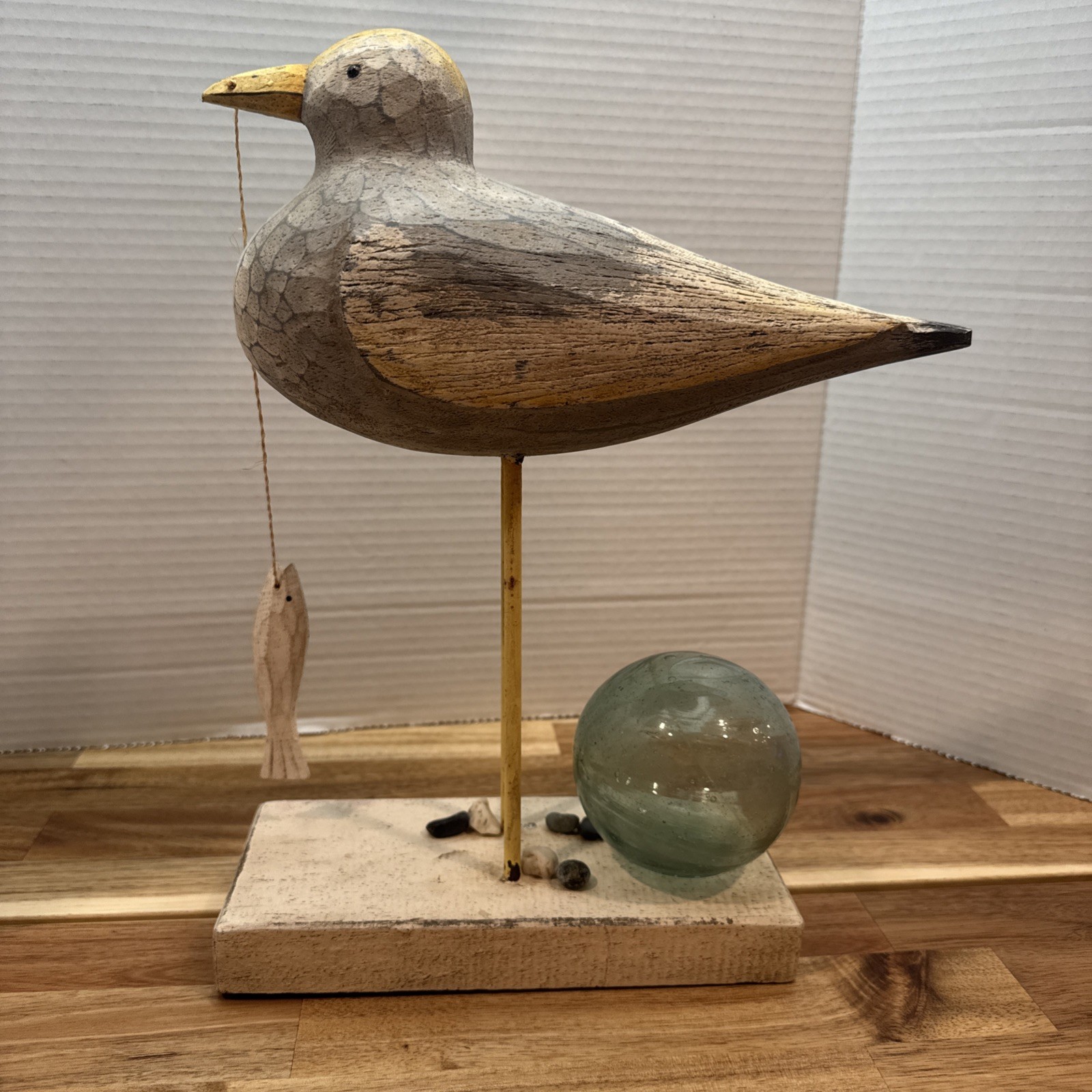 Hand Carved Folk Art Wooden Shore Sea Bird & Fish W/ Japanese Fishing Float 13”