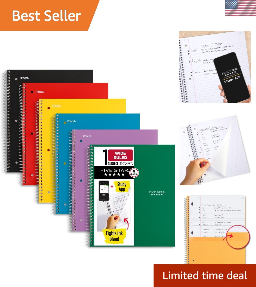 Wide Ruled Study Notebooks 6-Pack, Recyclable, Tough Pockets, App Integration