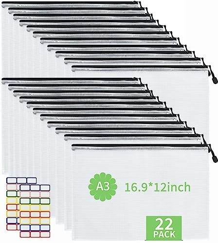  22Pcs A3 Size-16.9"x 12" Large Mesh Zipper Pouch with Label Black White-a3