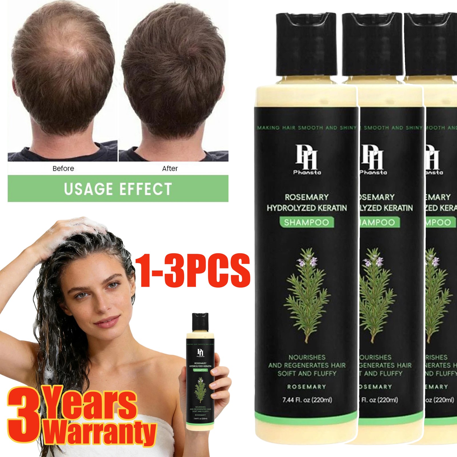 3x PHANSTA Organic Rosemary Hair Growth Shampoo for Women and Men-Natural Thicke
