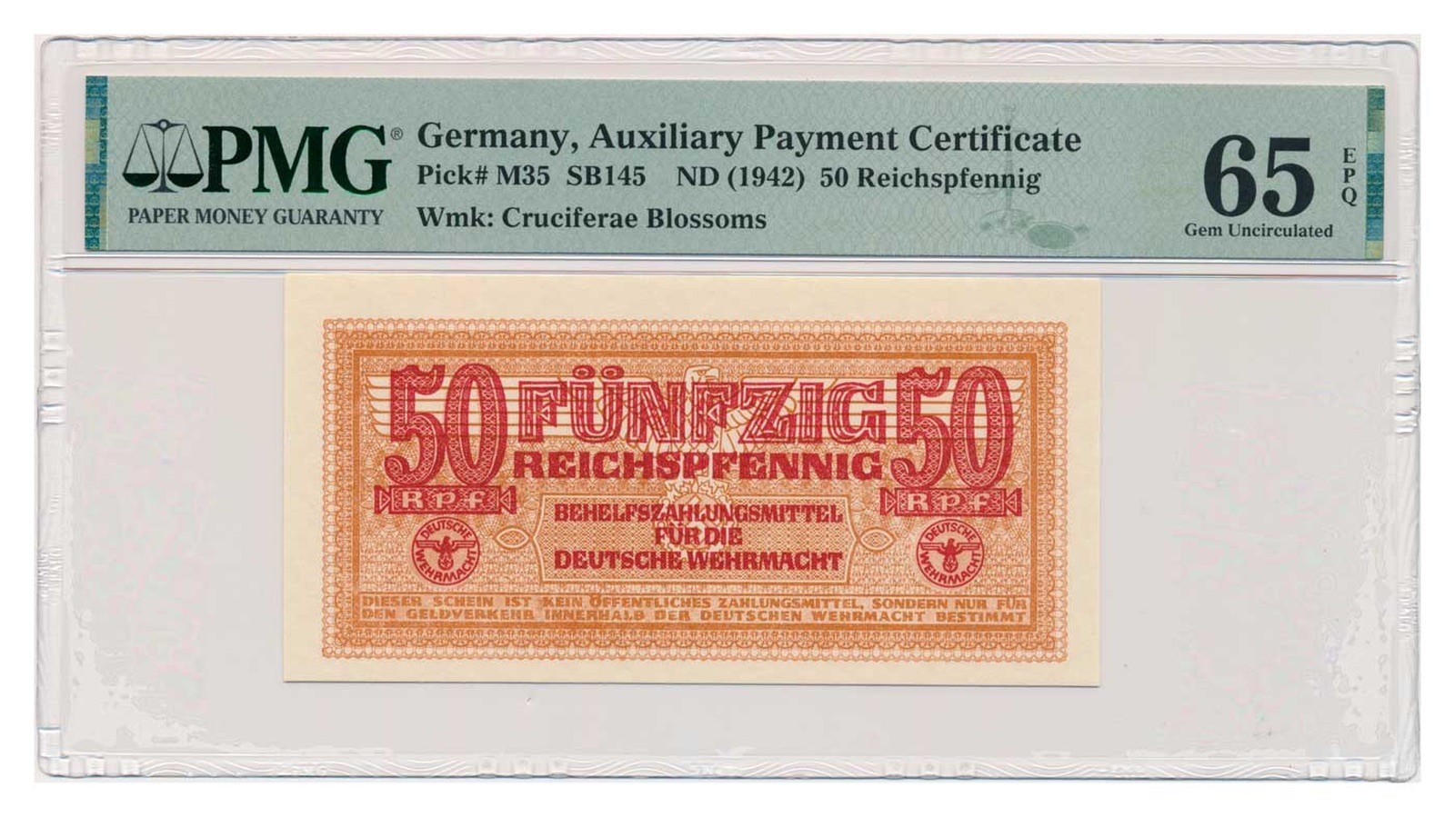 GERMANY banknote 50 Reichspfennig 1942 PMG MS 65 EPQ Gem Uncirculated