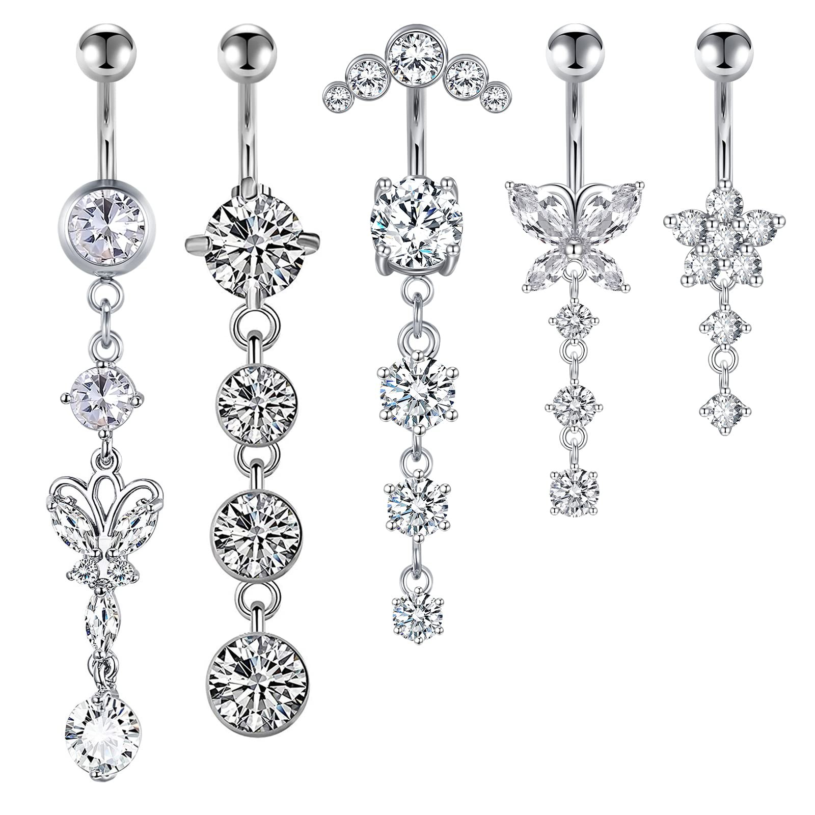 LAURITAMI 14G Dangle Belly Button Rings Surgical 10mm (3/8"), Style A Silver 