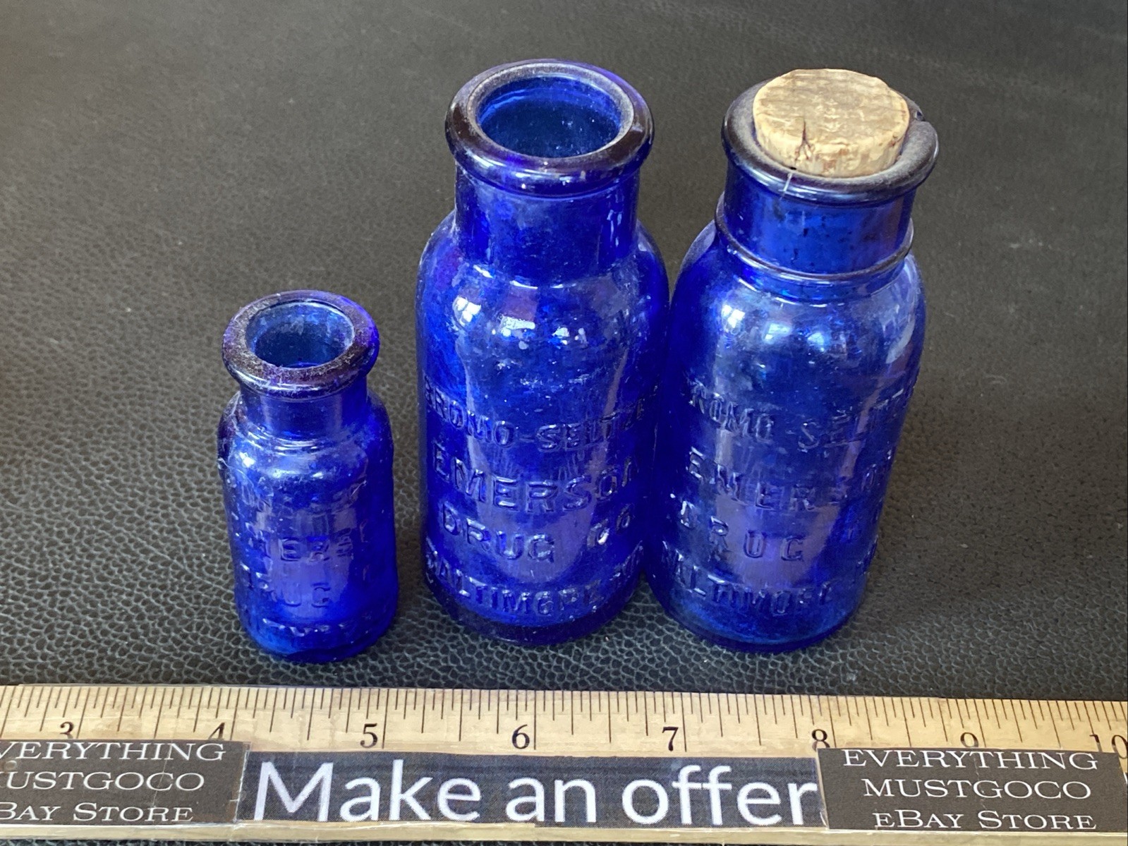 2x 4” 1x2.5” Cobalt Blue Glass Bottle Emerson Drug Co Baltimore MD Bromo Seltzer
